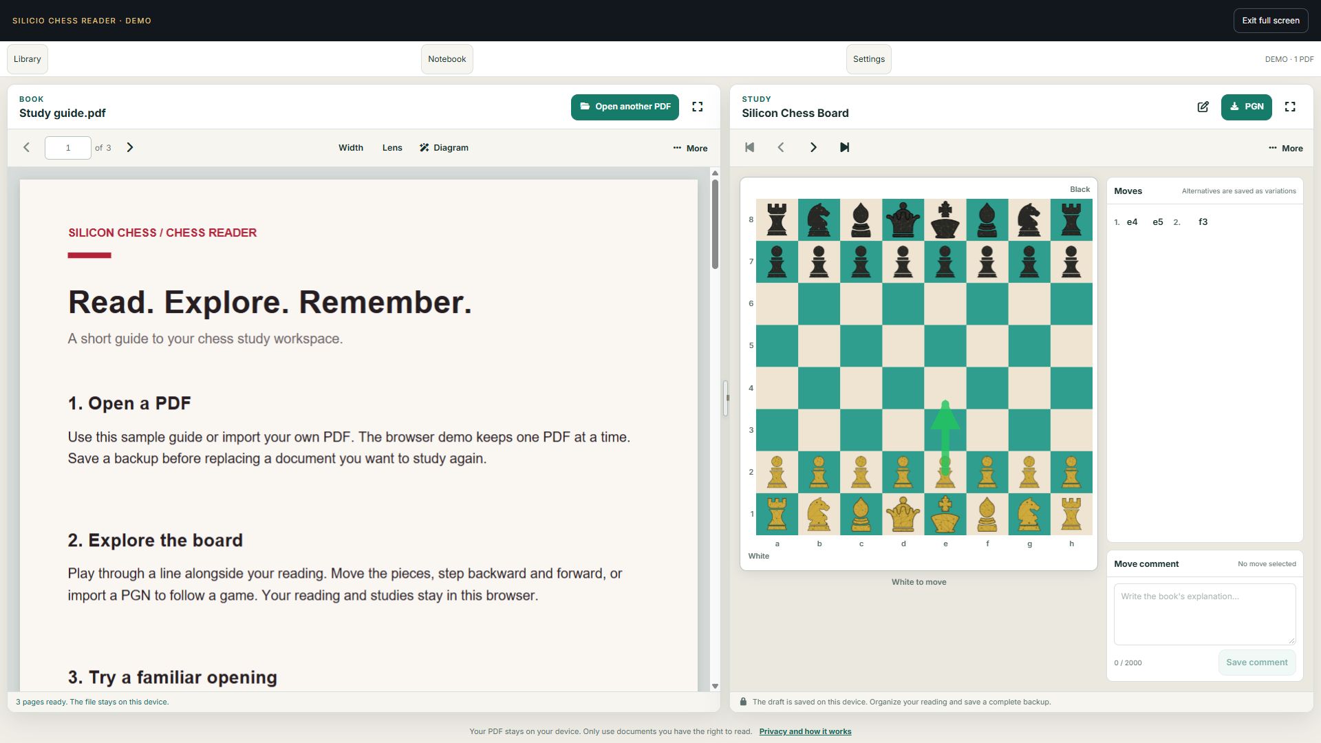Silicio Chess Reader interface in English
